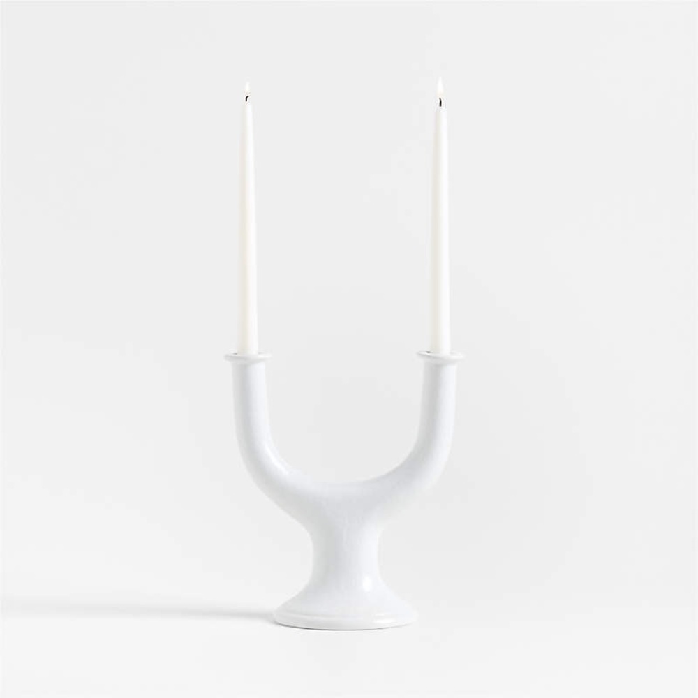 CRATE&BARREL NWT valla white ceramic 2 taper candle holder -11.5”